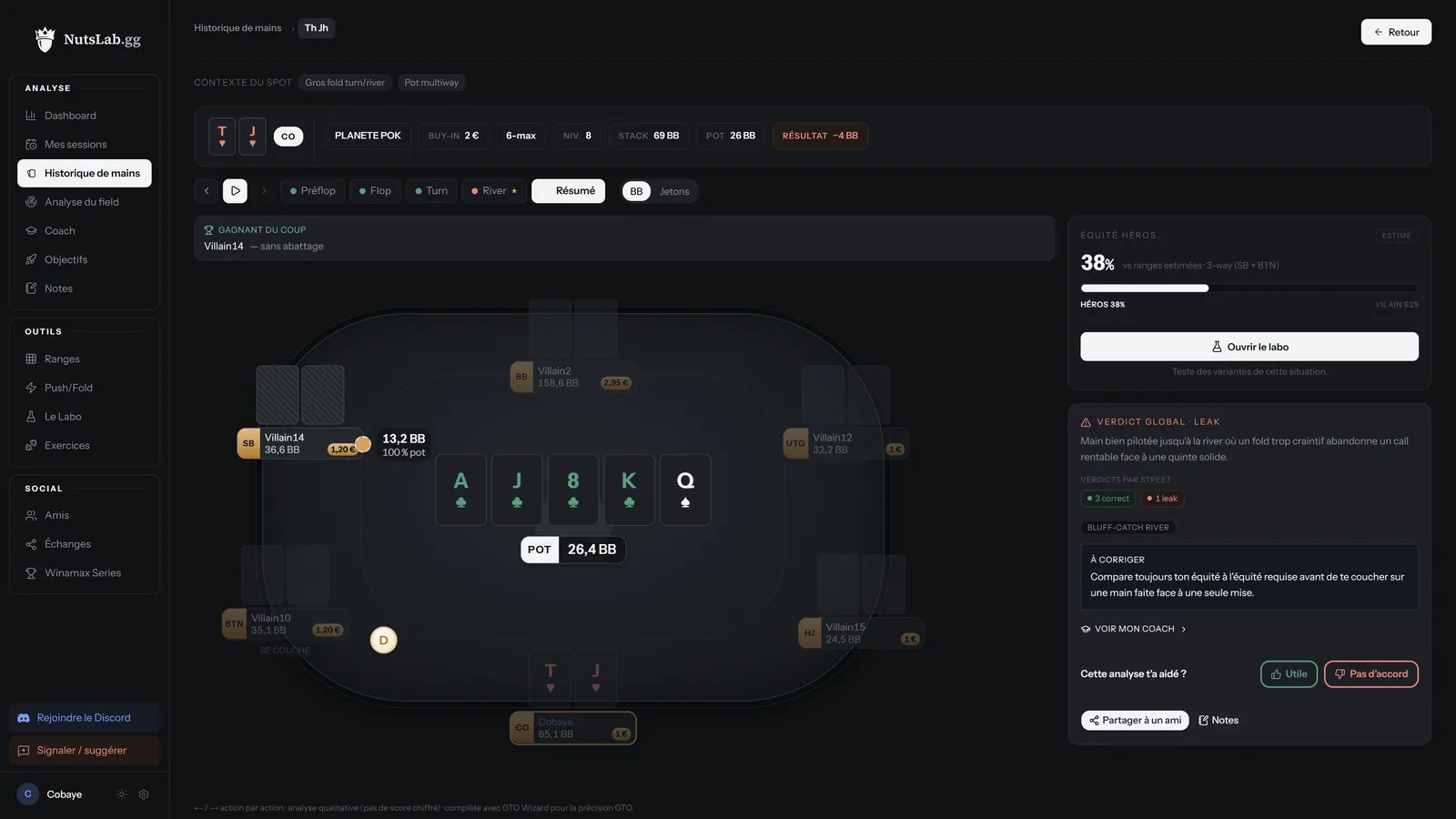 Replayer NutsLab : une main rejouée street par street, verdict et équité du héros